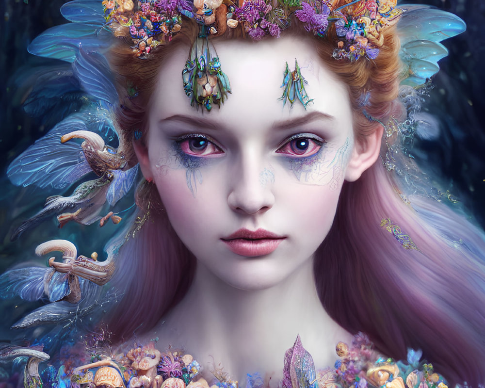 Surreal portrait of female with floral crown and whimsical forest scene