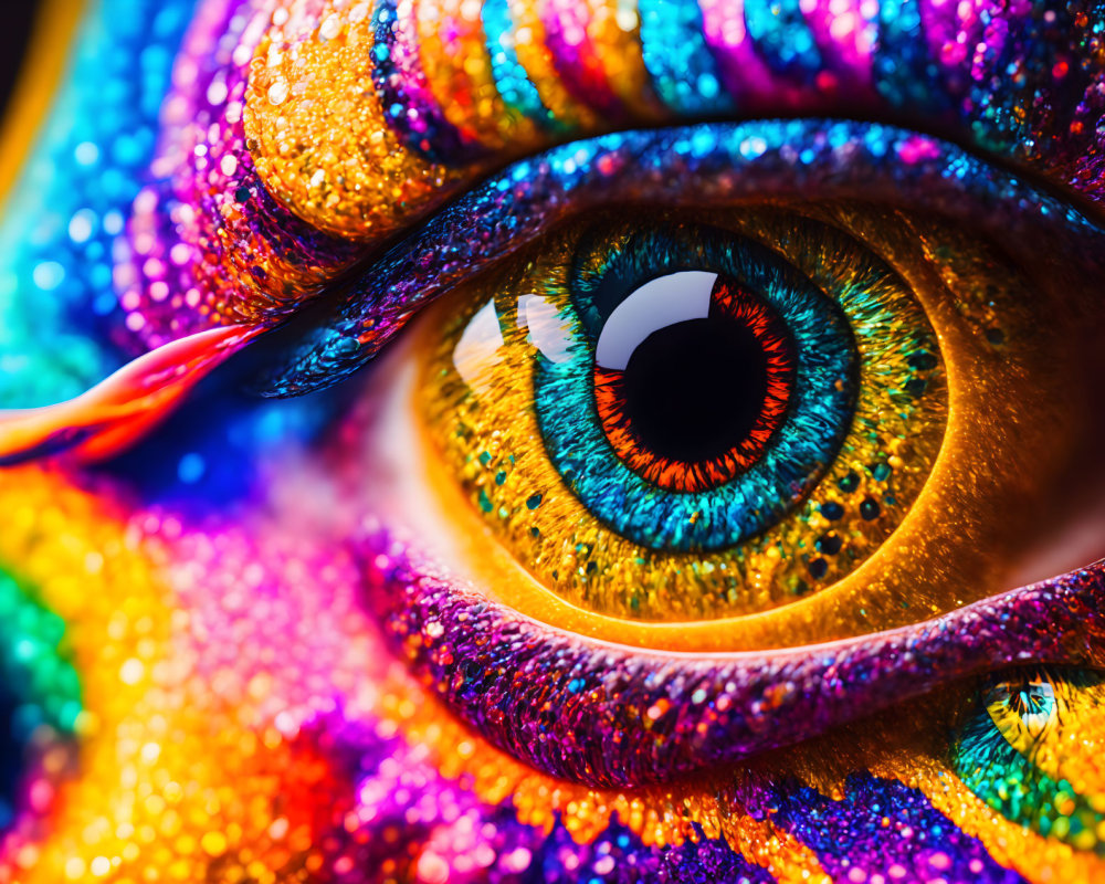 Detailed close-up of vibrant multicolored eye with blue, gold, and orange hues.