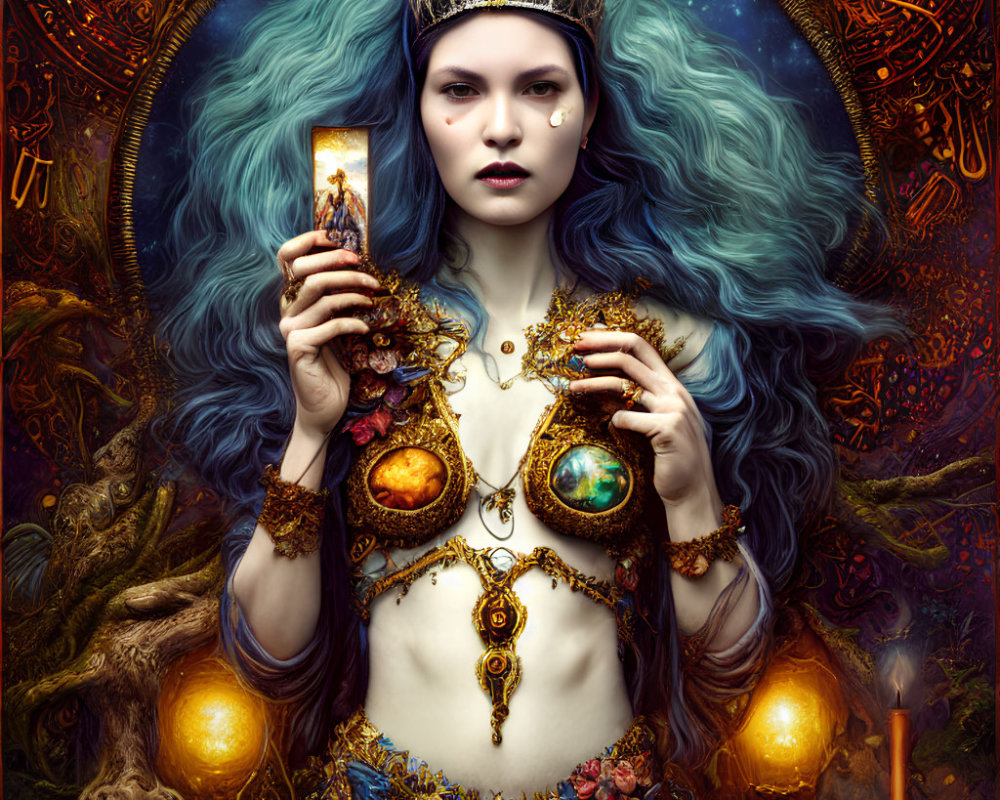 Blue-haired fantasy figure with crown and mystical card in ornate setting.