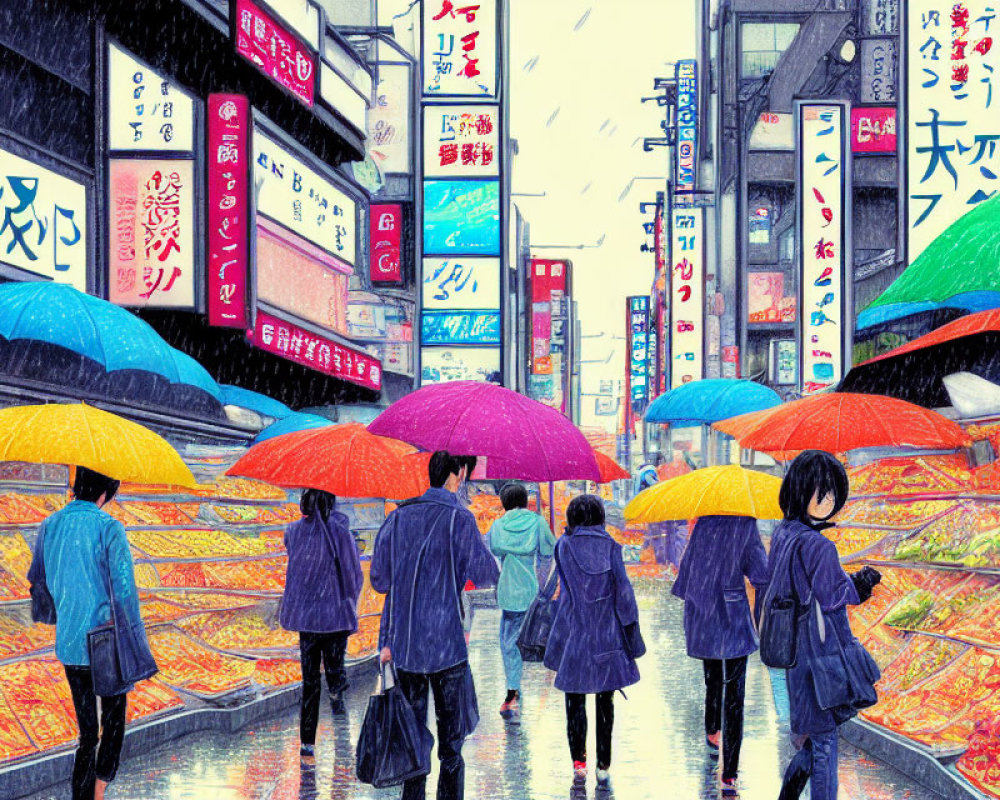 Vibrant neon signs and colorful umbrellas in a rain-drenched Japanese street