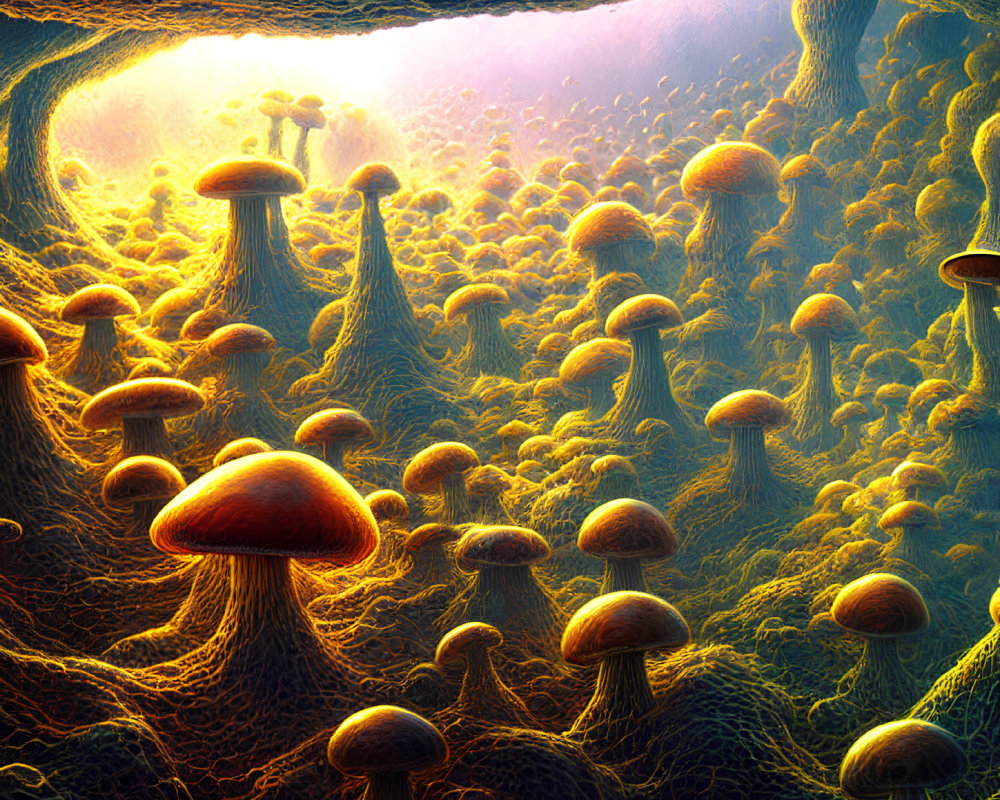 Surreal luminescent mushroom forest under alien sky