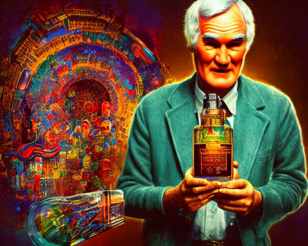 White-Haired Elder Man Holding Glowing Bottle with Intricate Design