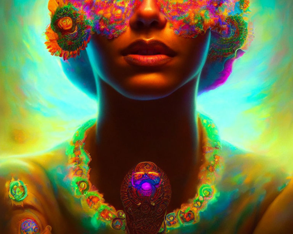 Colorful fractal patterns adorn woman in digital artwork