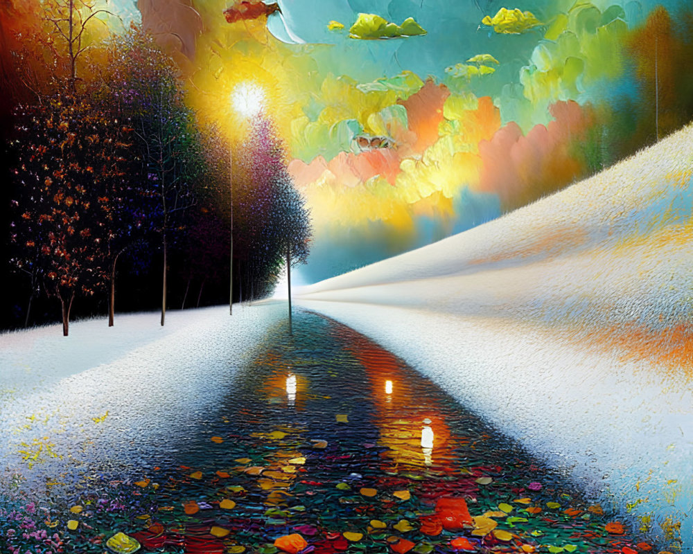 Colorful surreal landscape painting with tree-lined path and whimsical sky