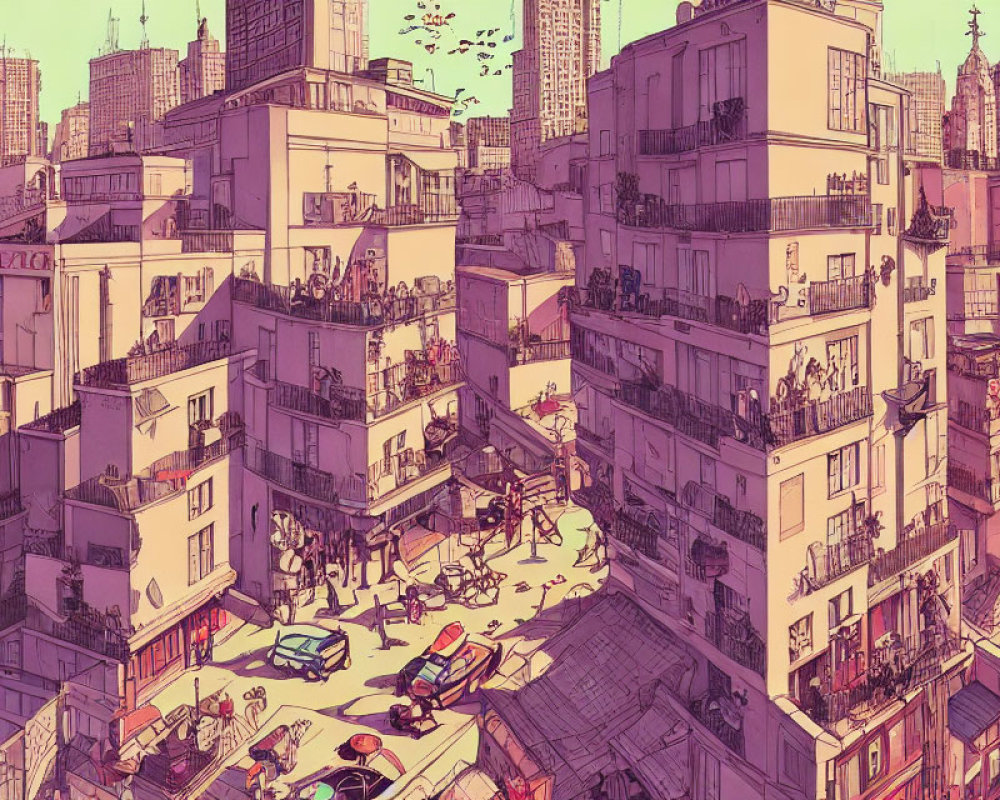 Busy cityscape with high-density buildings and balconies filled with plants and people under a warm pink sky