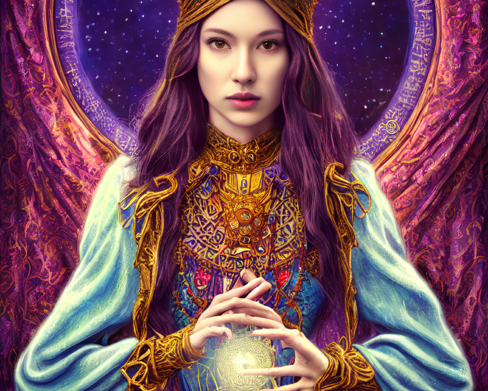 Regal woman with golden crown holding glowing orb against cosmic backdrop