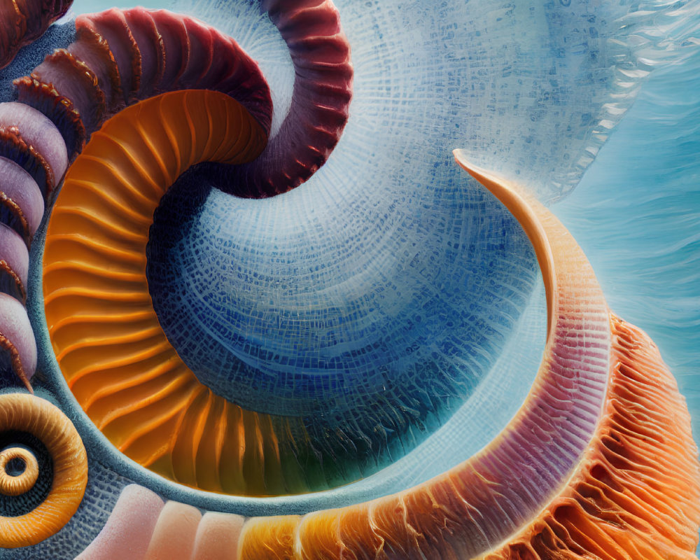 Detailed Digital Art: Nautilus Shell Spiral with Oceanic Textures