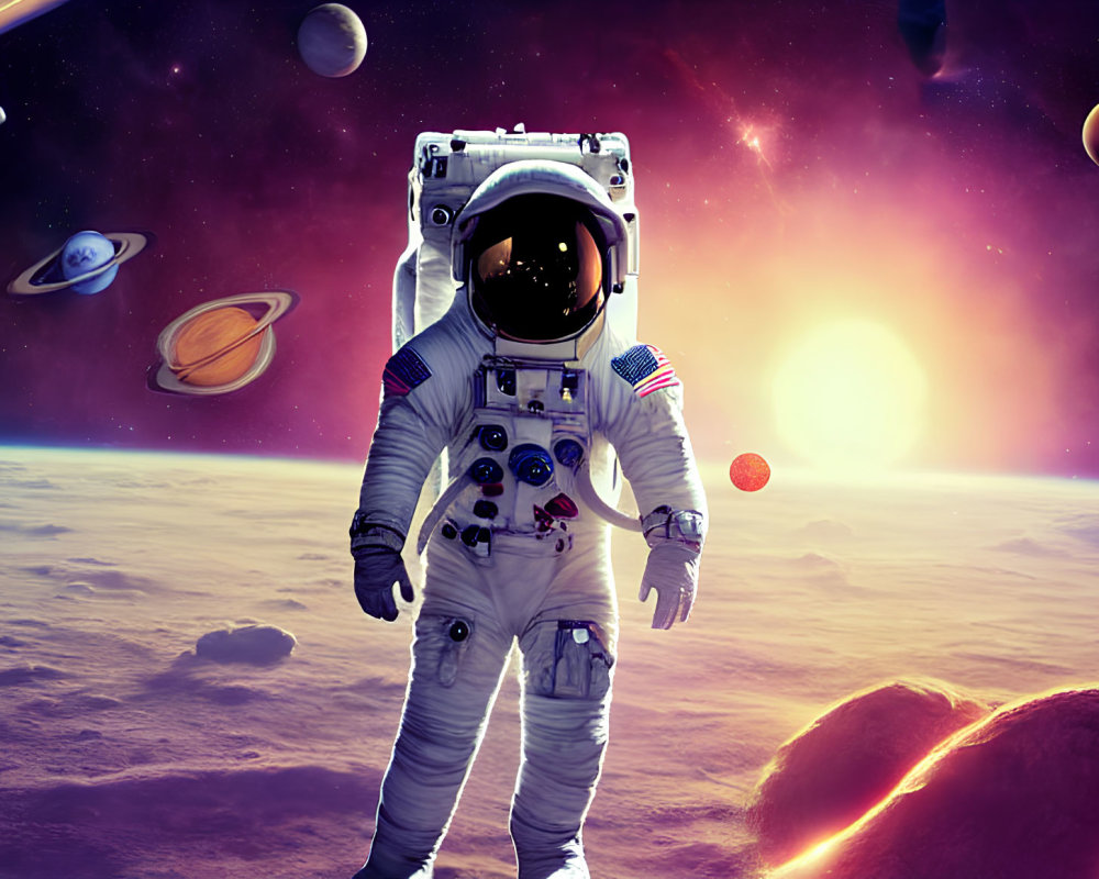 Astronaut in white space suit on alien planet with vibrant cosmos