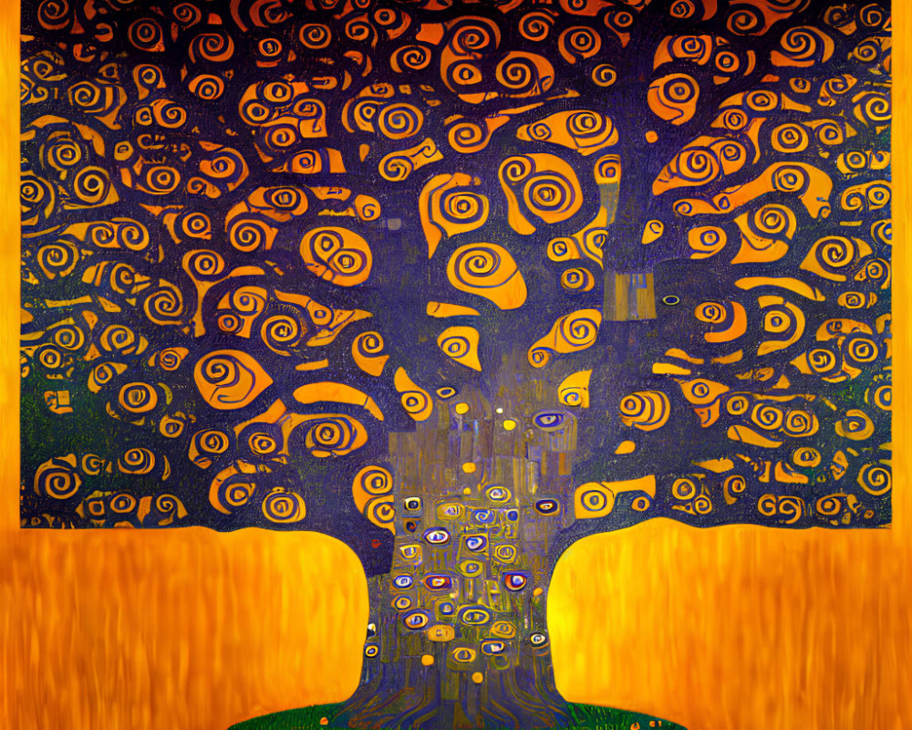 Colorful Abstract Tree Painting on Orange Background with Swirling Patterns