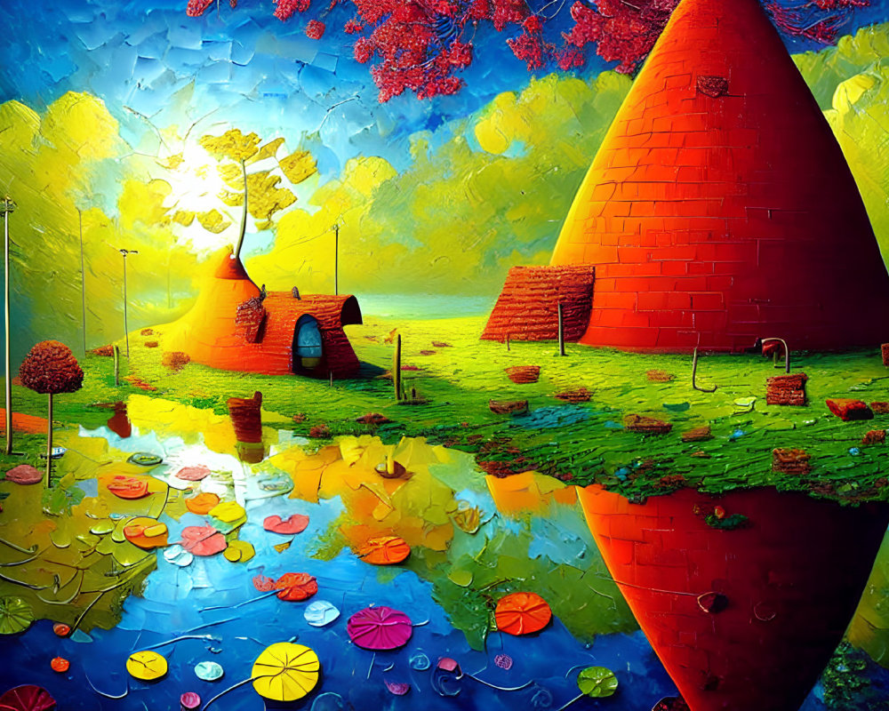 Surreal Landscape with Red-Brick Structures and Water Lilies