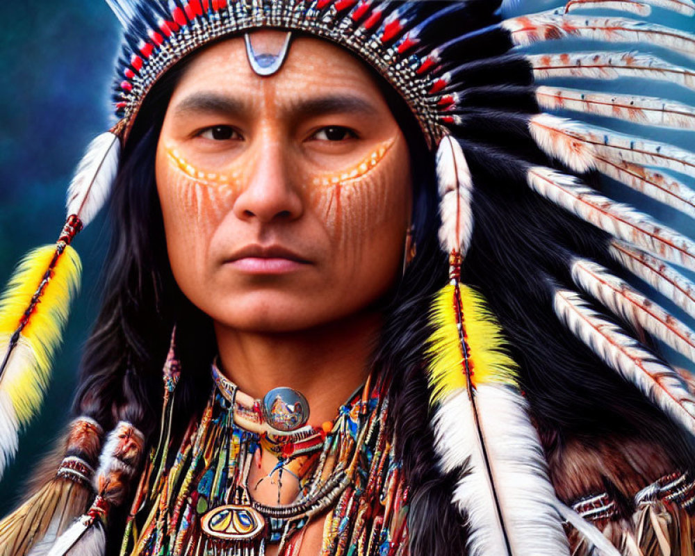 Elaborate Native American headdress with feathers and traditional beadwork portrait.