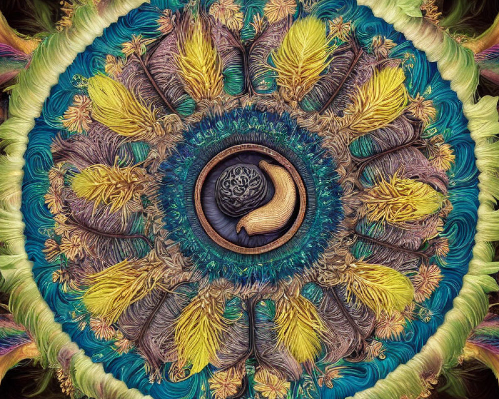 Detailed Symmetrical Fractal Art with Leaf-Like Patterns in Yellow, Blue, and Brown