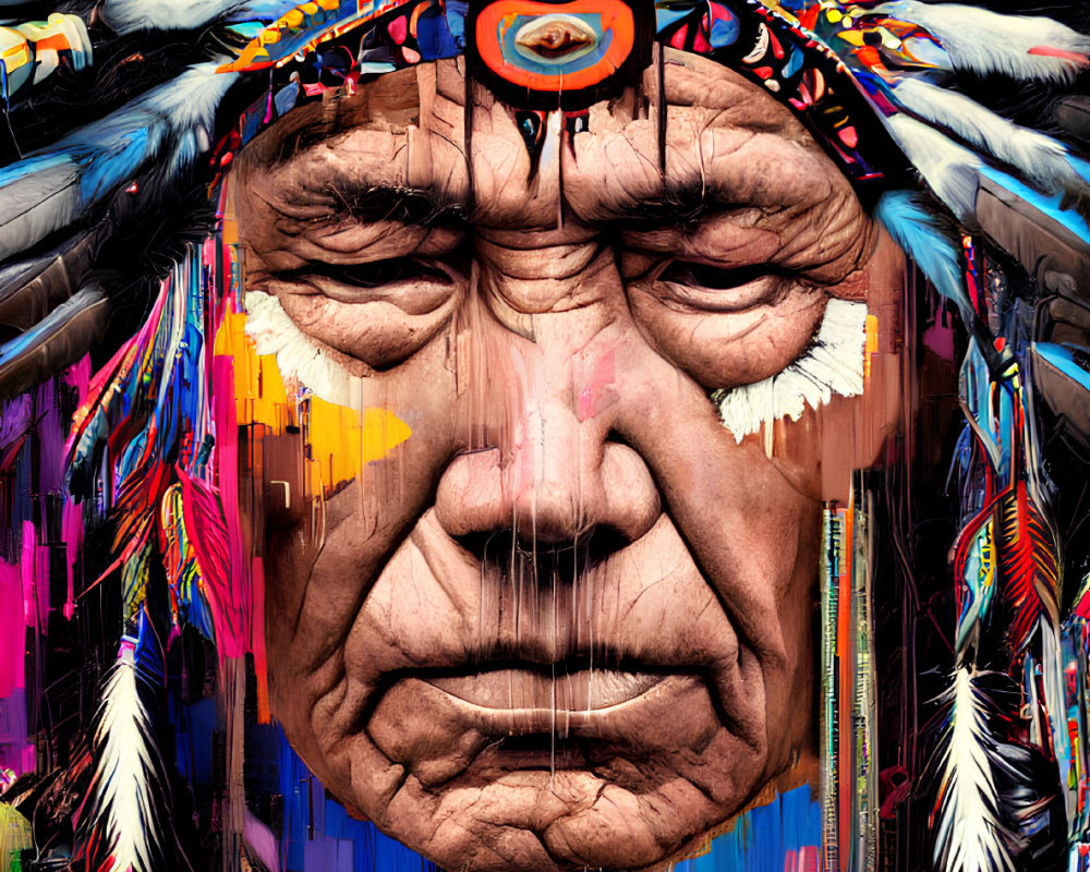 Colorful digital portrait of a person in Native American headdress