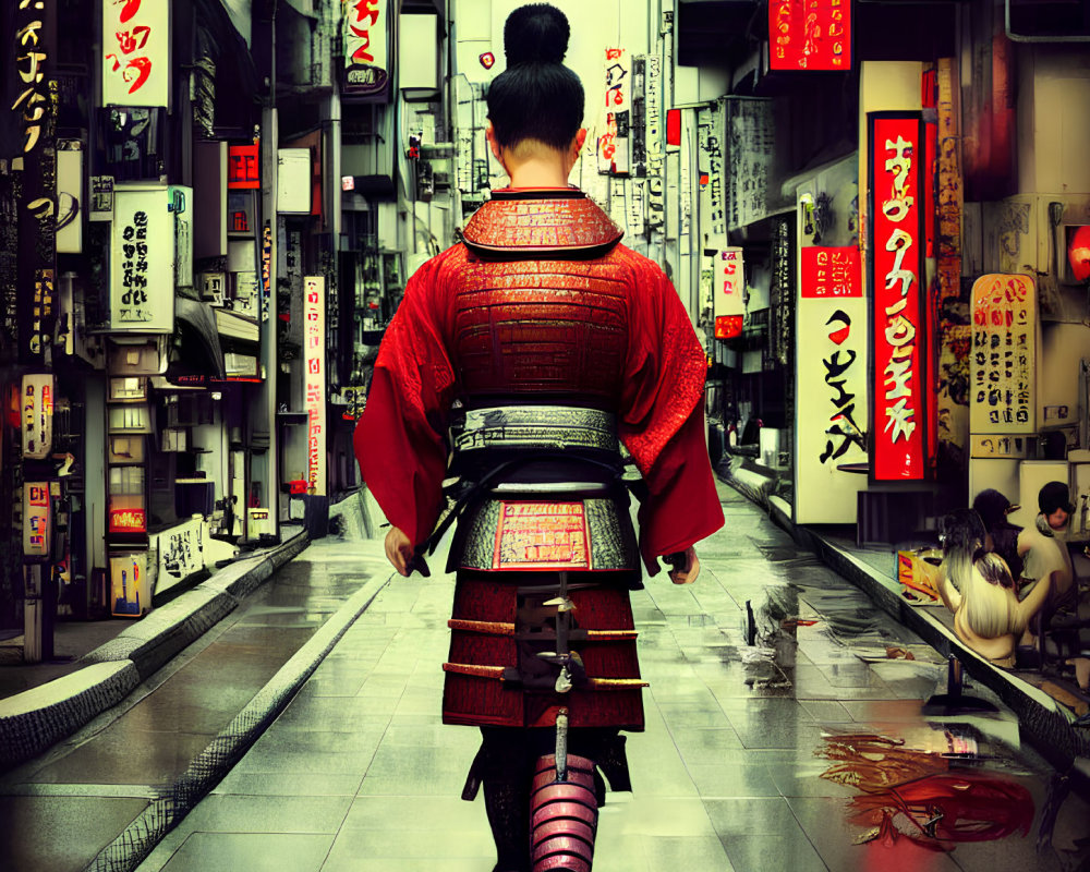 Samurai in traditional armor in modern Japanese alleyway