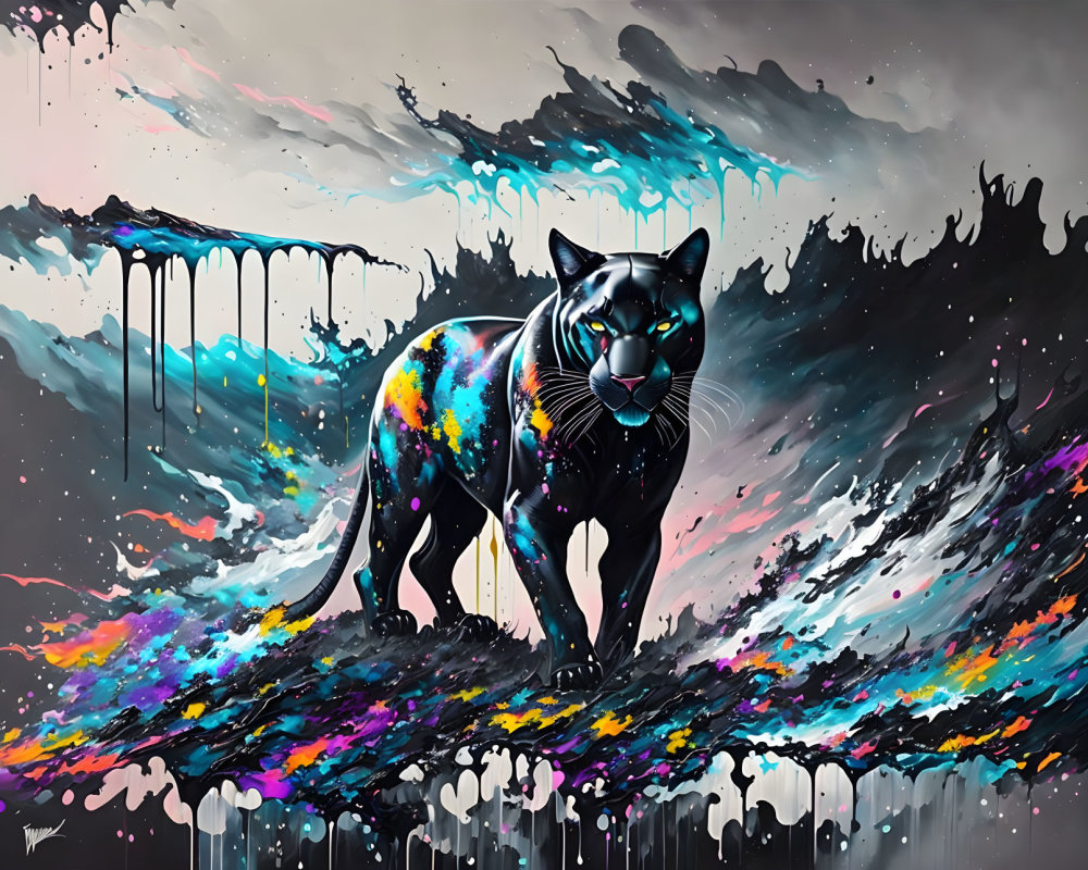 Colorful Neon Paint Black Panther Artwork on Abstract Background