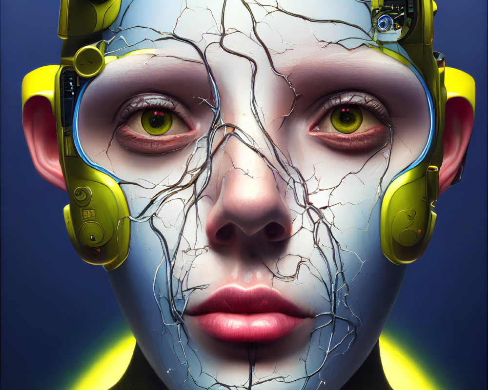 Futuristic portrait with green eyes, cracked skin effect, and yellow headphones