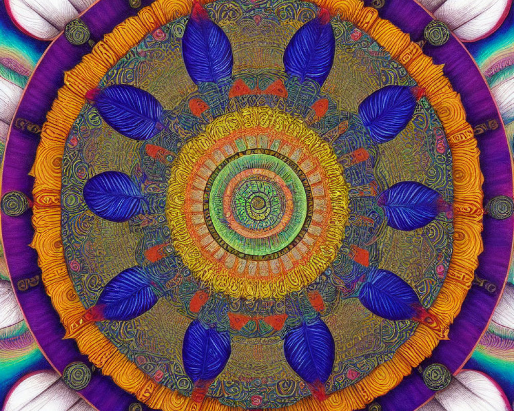 Colorful Mandala with Blue, Purple, and Gold Symmetrical Patterns