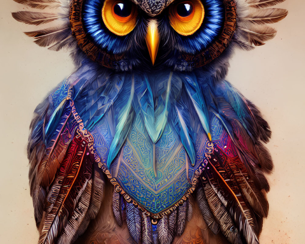 Colorful Owl Artwork with Detailed Feathers and Orange Eyes