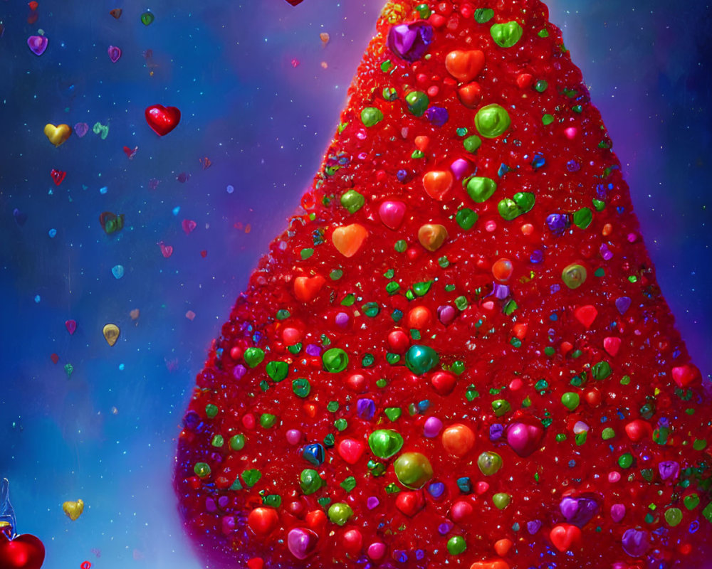 Colorful Christmas tree illustration with ornaments and hearts on starry sky gradient