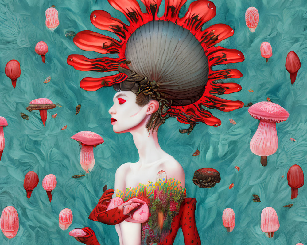 Surreal portrait of woman in mushroom attire on botanical backdrop