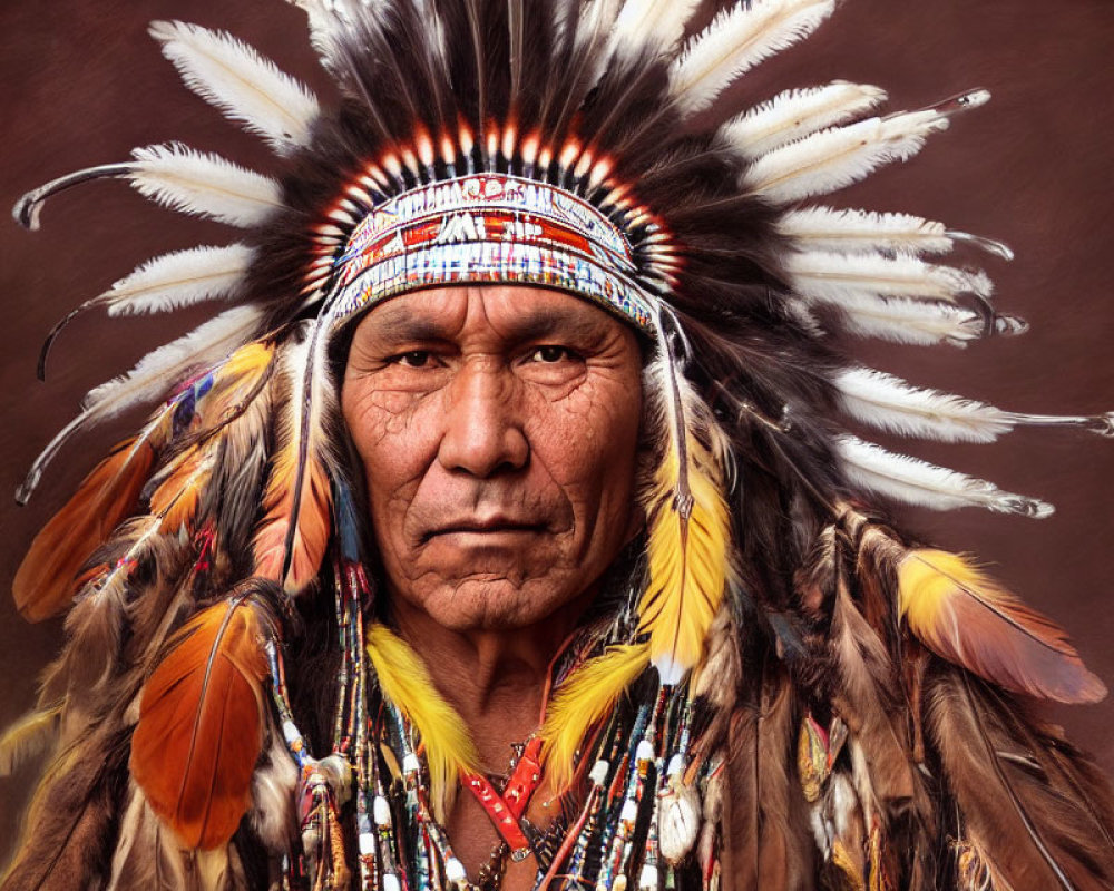 Indigenous man in traditional feathered headdress on brown backdrop