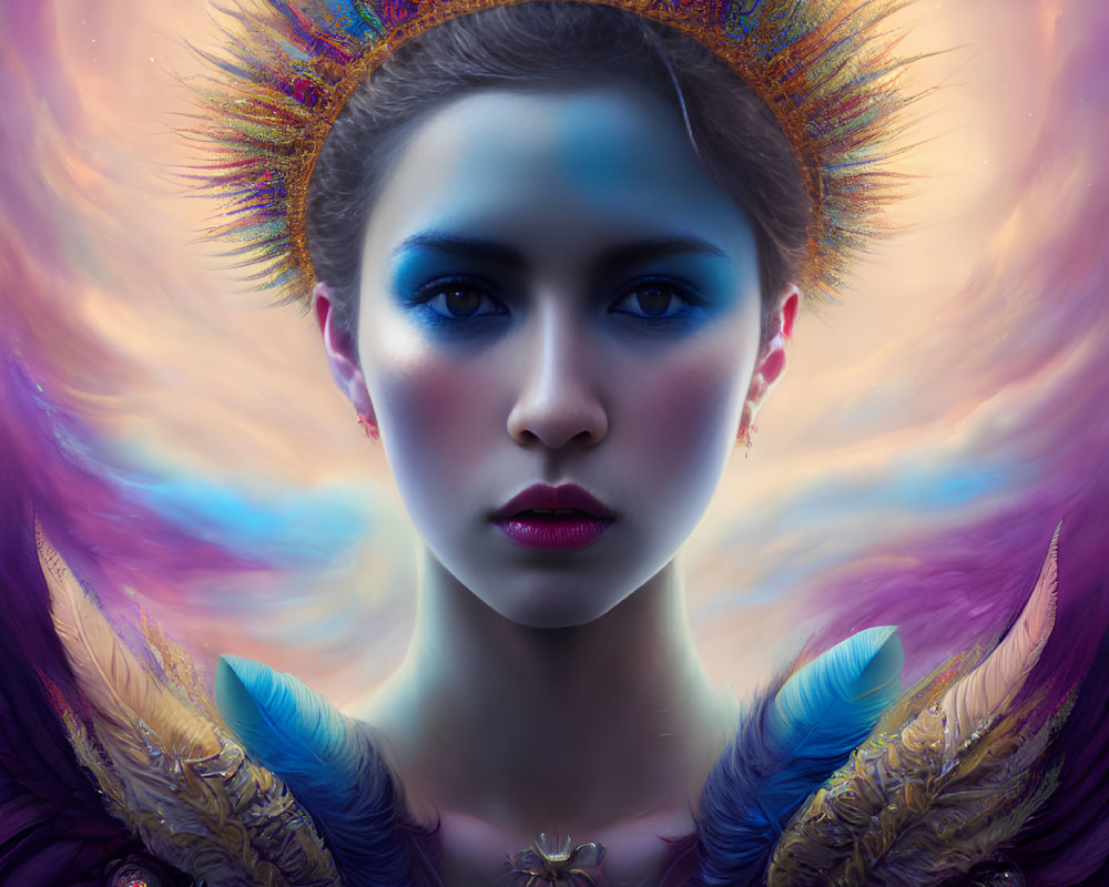 Digital art portrait of woman with blue makeup, ornate headdress, and feathered shoulders on purple