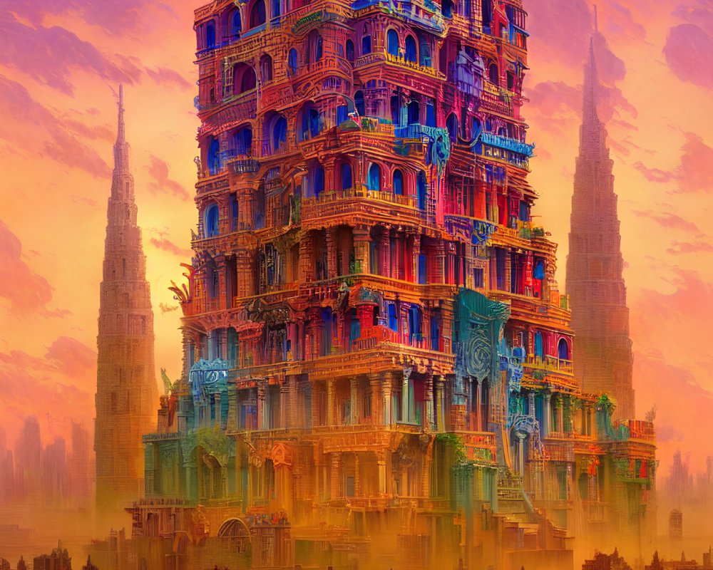 Vibrantly colored skyscraper blending ancient and futuristic styles in dreamy cityscape