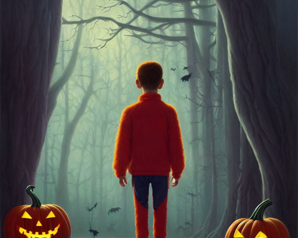 Person in Red Sweater Stands at Spooky Forest Entrance