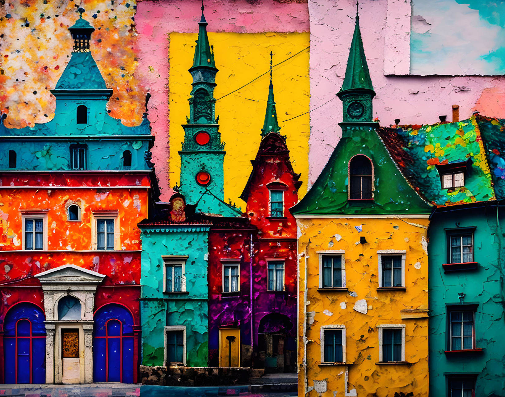 Vibrant mural of European street with textured sky.