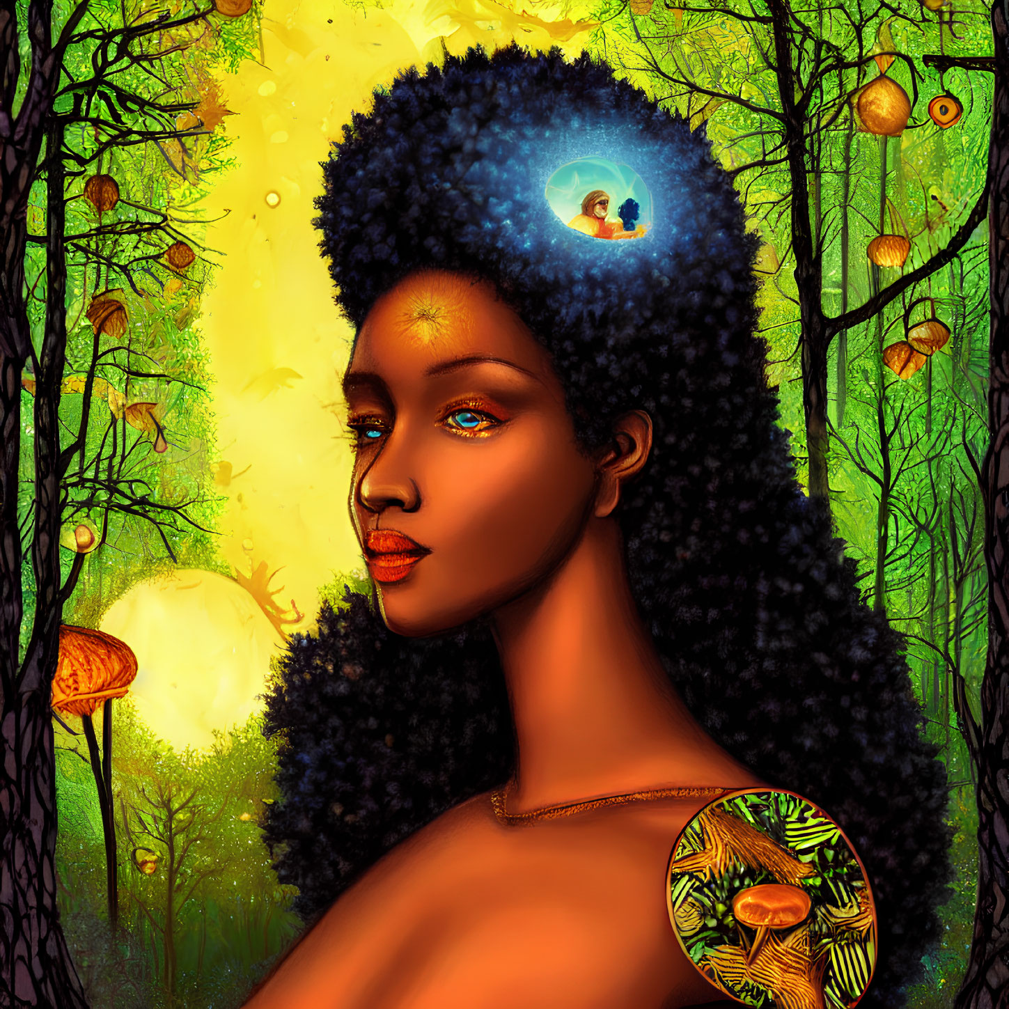 Woman with Afro Portrait: Glowing Moon, Couple, Forest, Mushrooms