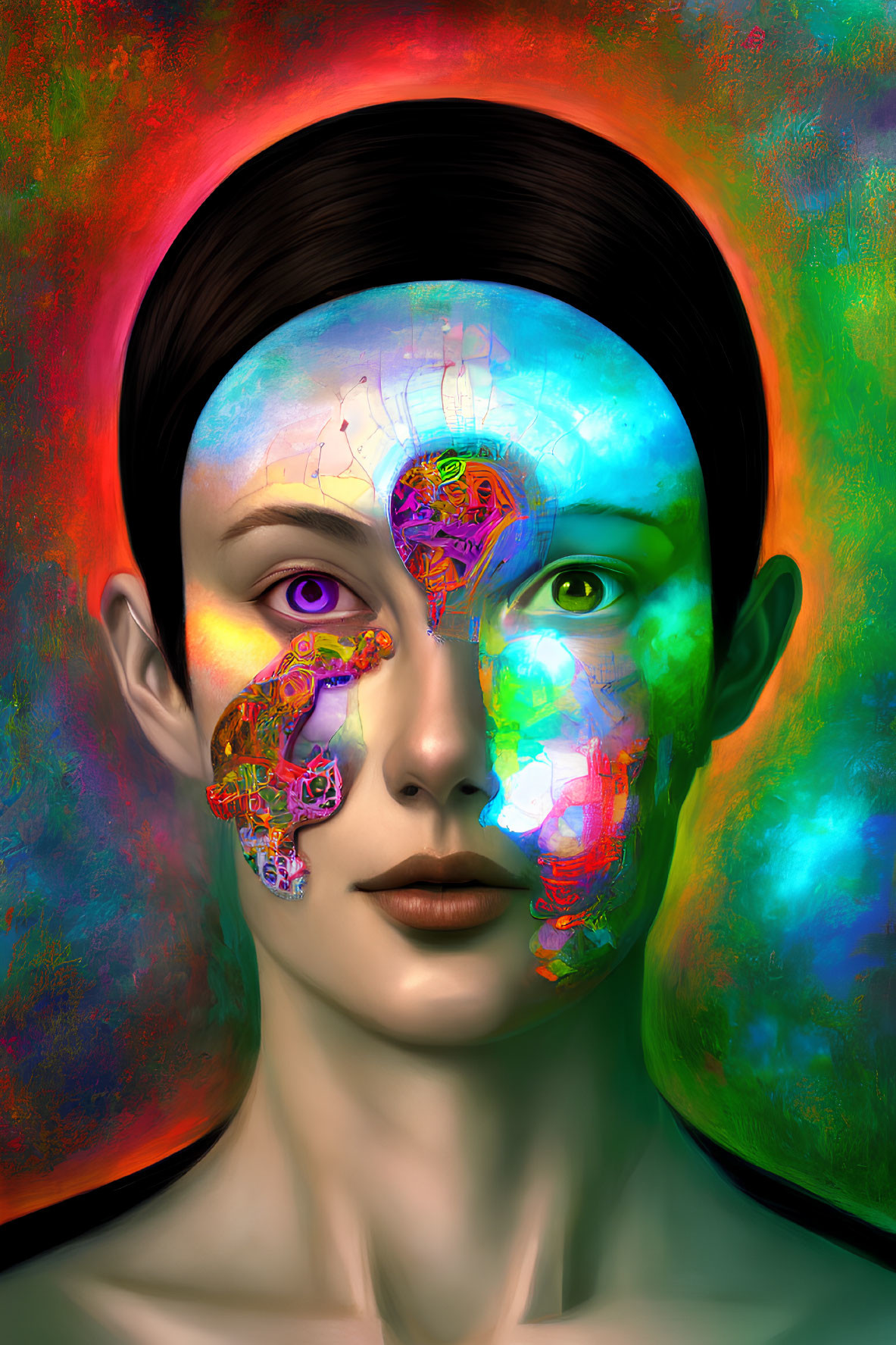 Vividly colored digital artwork of woman with exposed mechanical brain