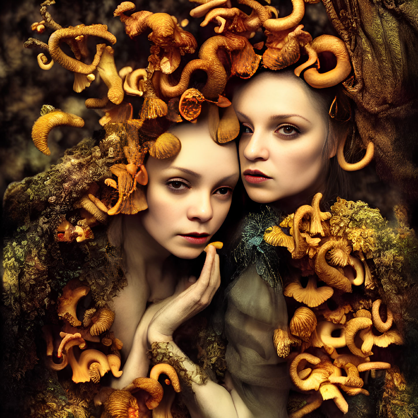 Two women with intricate mushroom and wood-like hairstyles in autumn forest setting