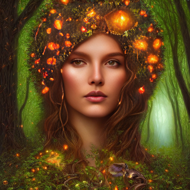 Mystical portrait of woman with glowing orange wreath in forest setting