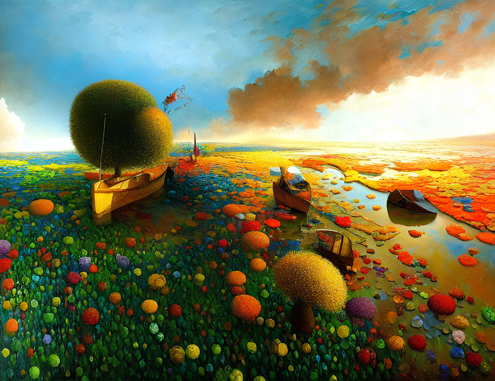 Colorful Flora and Floating Boats in Surreal Landscape