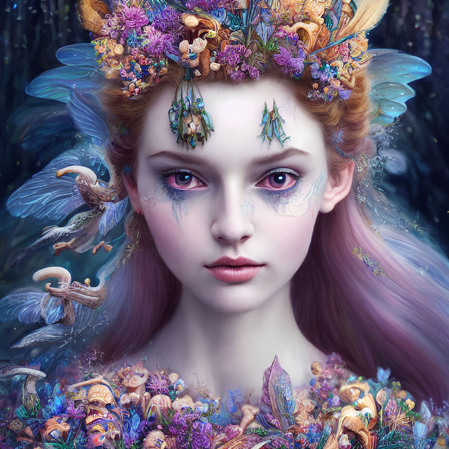 Surreal portrait of female with floral crown and whimsical forest scene