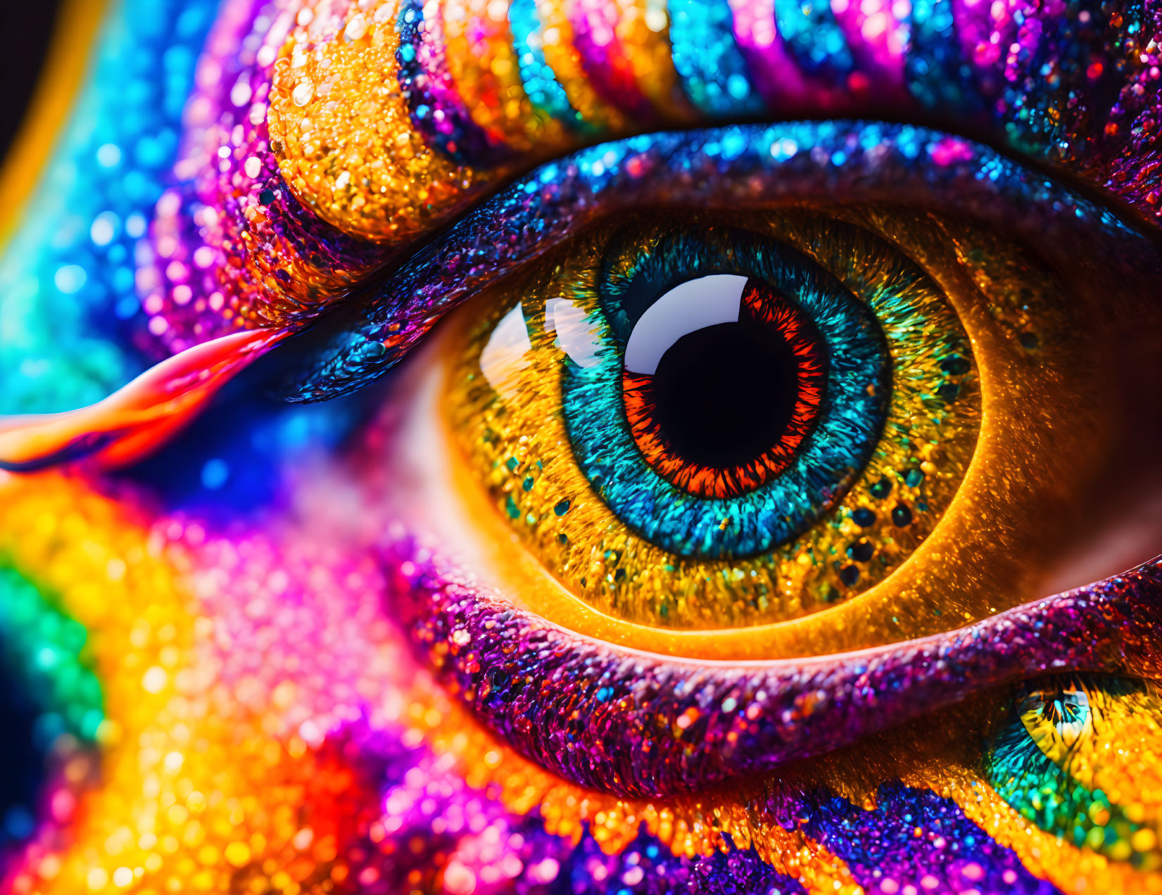 Detailed close-up of vibrant multicolored eye with blue, gold, and orange hues.