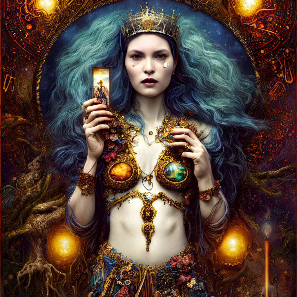 Blue-haired fantasy figure with crown and mystical card in ornate setting.