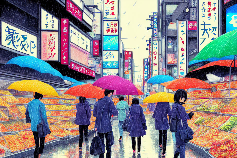 Vibrant neon signs and colorful umbrellas in a rain-drenched Japanese street