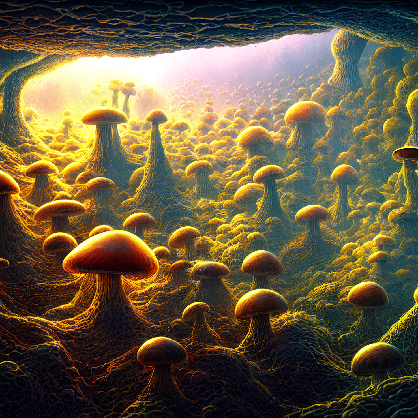 Surreal luminescent mushroom forest under alien sky