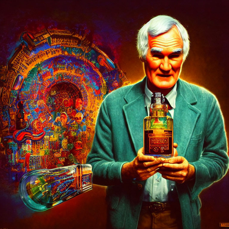 White-Haired Elder Man Holding Glowing Bottle with Intricate Design