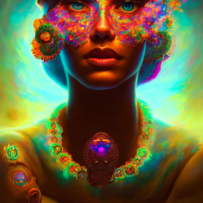 Colorful fractal patterns adorn woman in digital artwork