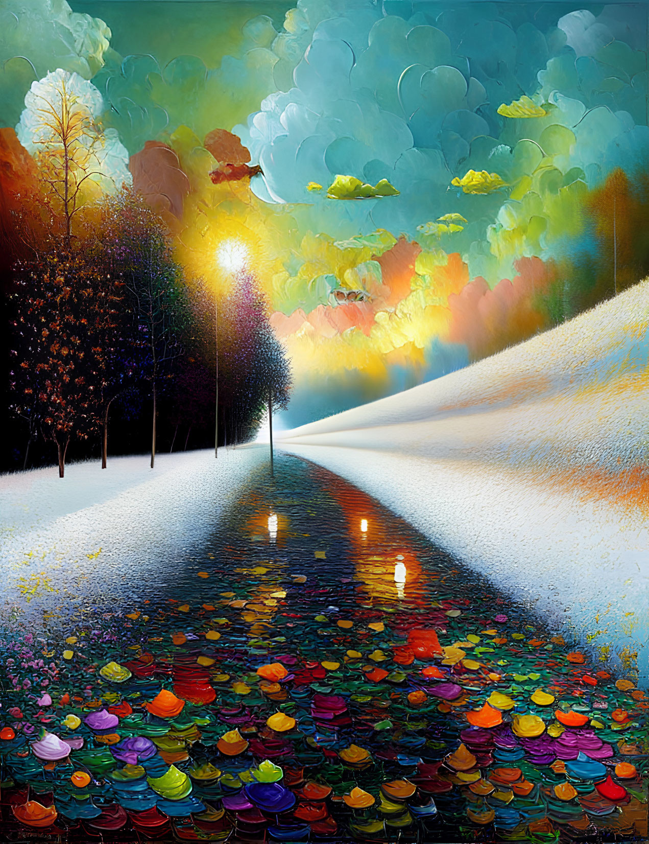 Colorful surreal landscape painting with tree-lined path and whimsical sky