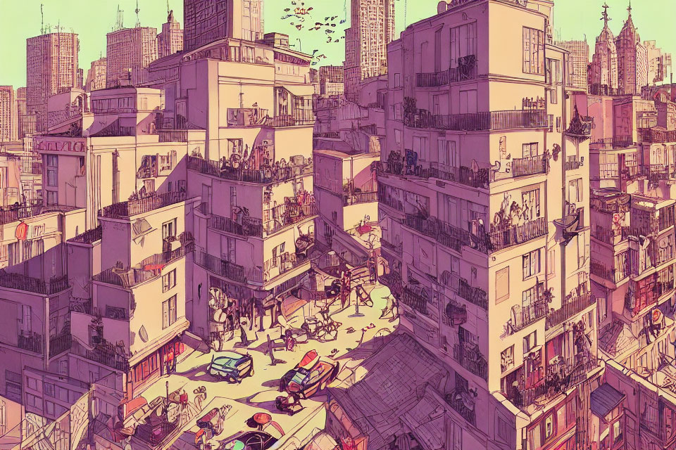 Busy cityscape with high-density buildings and balconies filled with plants and people under a warm pink sky