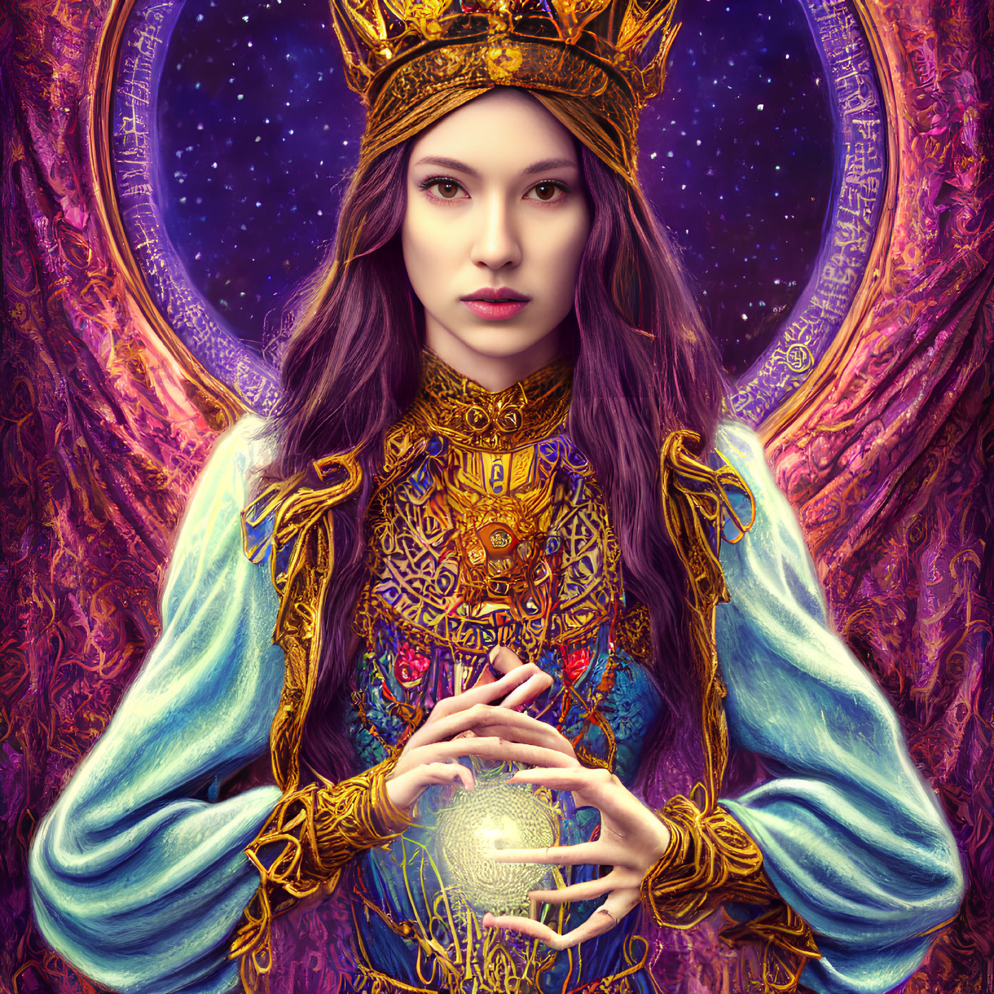 Regal woman with golden crown holding glowing orb against cosmic backdrop