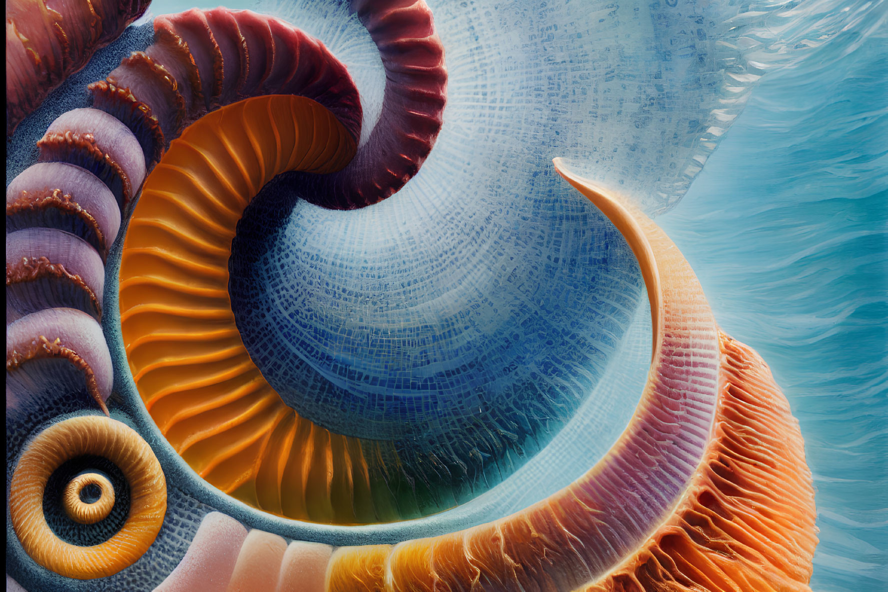 Detailed Digital Art: Nautilus Shell Spiral with Oceanic Textures