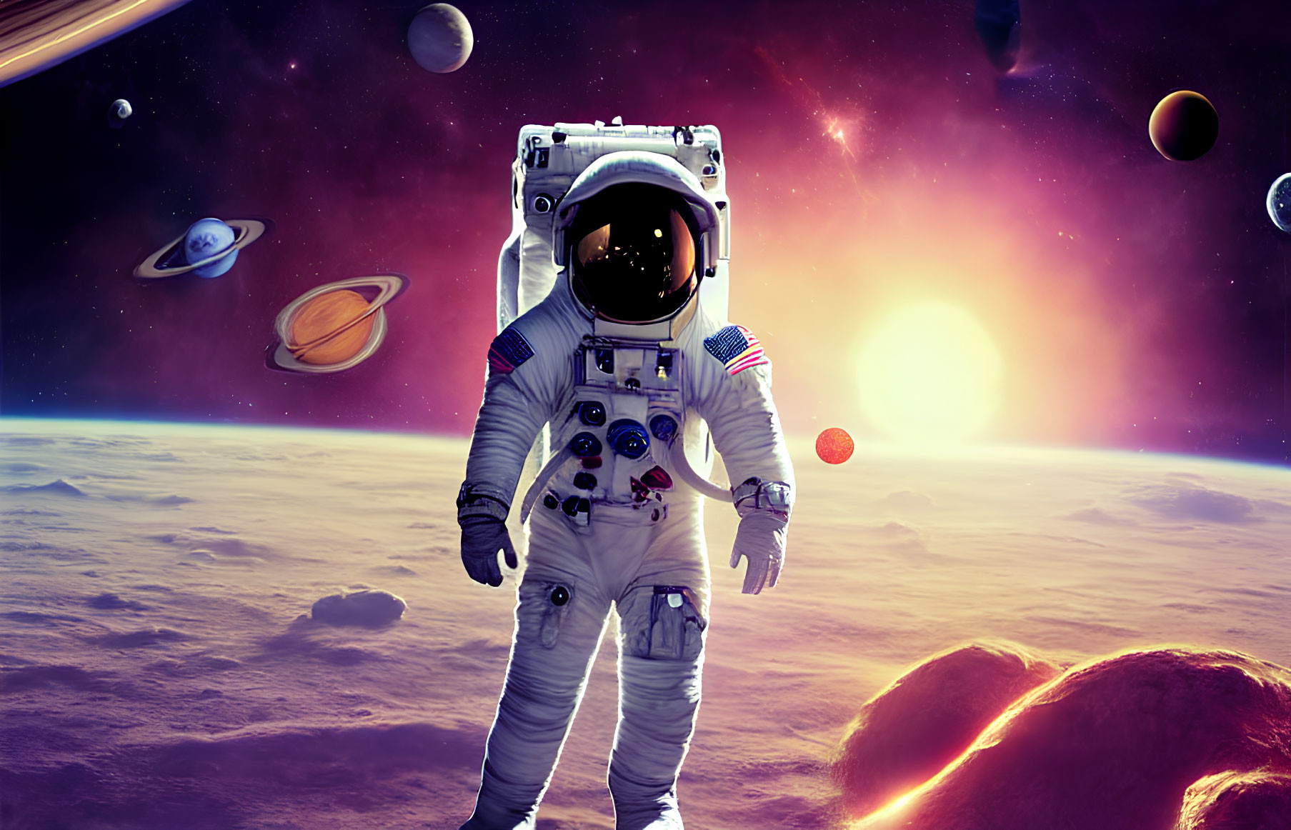 Astronaut in white space suit on alien planet with vibrant cosmos