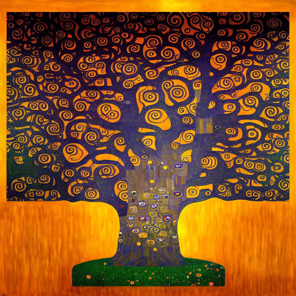 Colorful Abstract Tree Painting on Orange Background with Swirling Patterns