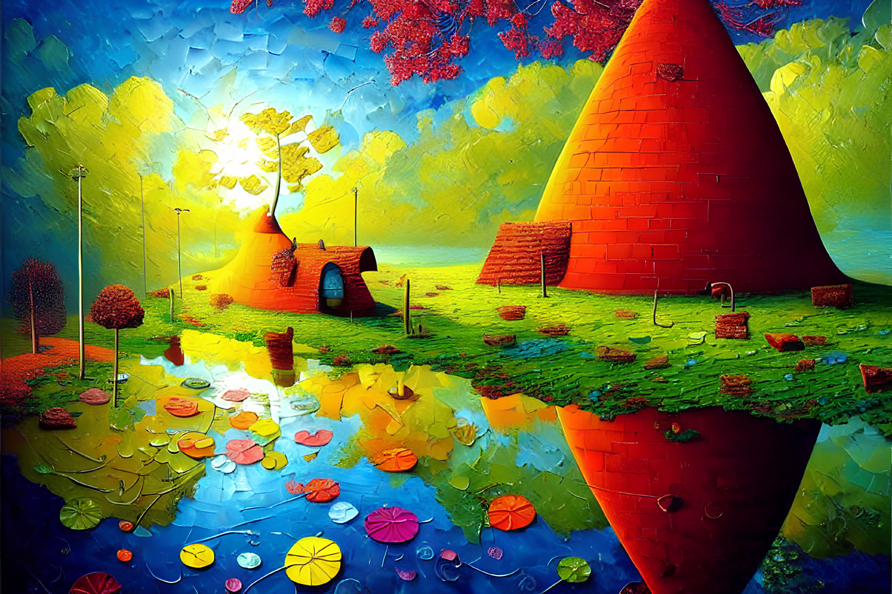 Surreal Landscape with Red-Brick Structures and Water Lilies