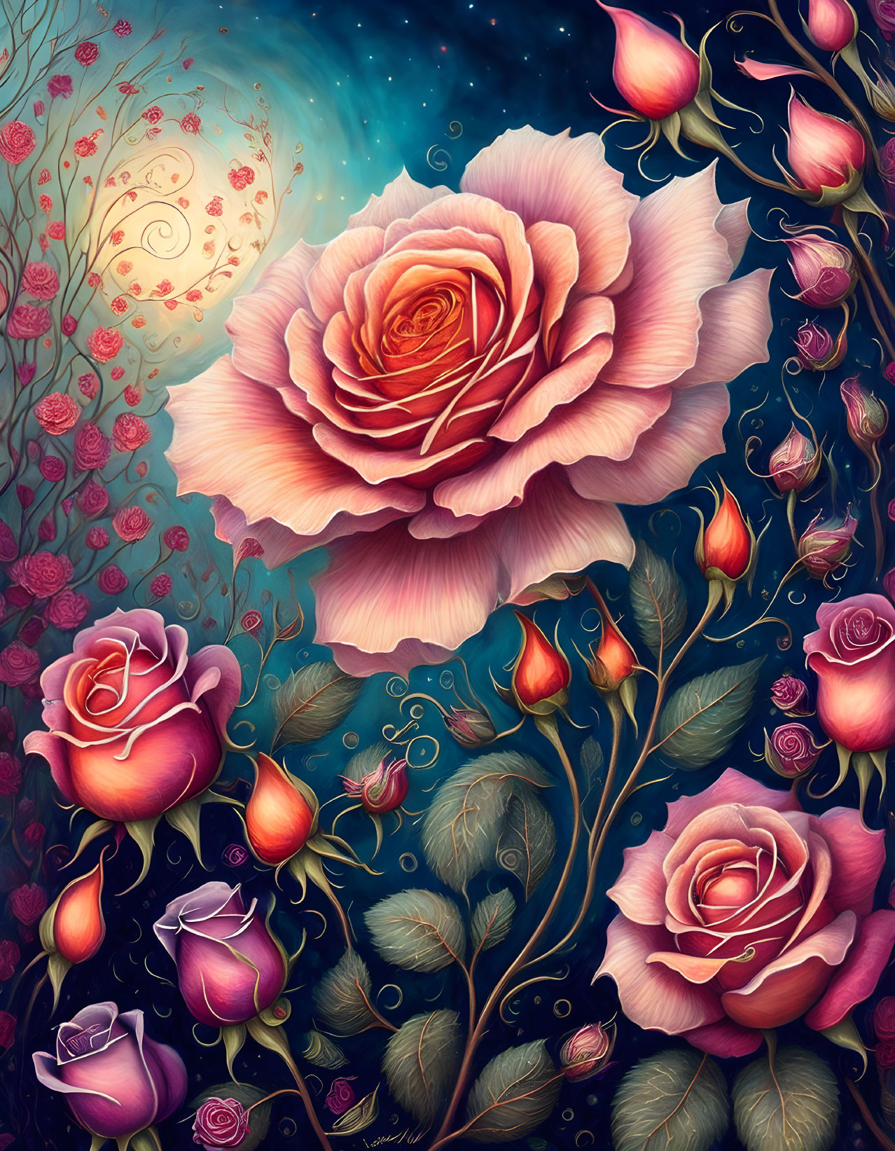 Detailed Pink Rose Illustration with Swirling Background