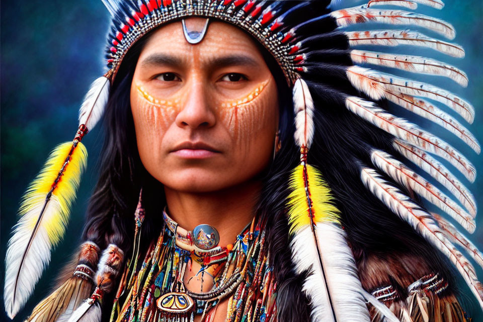 Elaborate Native American headdress with feathers and traditional beadwork portrait.